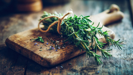 A beautifully arranged bundle of fresh rosemary tied with twine sits on a rustic wooden cutting board, surrounded by scattered herbs and spices, perfect for culinary inspiration and cooking themes.の素材