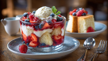 A vibrant dessert bowl filled with layers of fresh berries, fluffy cake, smooth cream, and a scoop of ice cream, perfect for summer enjoyment.の素材
