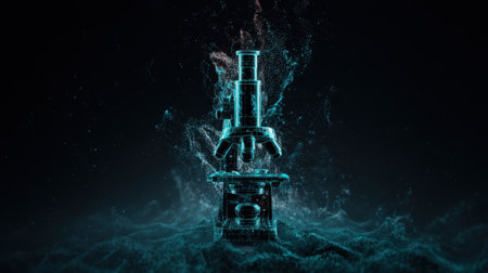 A high-tech digital microscope appears surrounded by glowing particles, highlighting its advanced design. Ideal for science and education themes.の素材