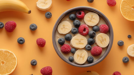 A vibrant overhead view of a fruit bowl filled with ripe bananas, blueberries, raspberries, and fresh orange slices, showcasing a colorful and healthy snack option.の素材