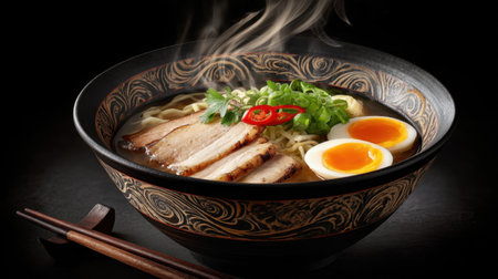 A captivating bowl of ramen featuring tender slices of meat, soft boiled eggs, and steamed noodles, garnished with green onions and chili.の素材