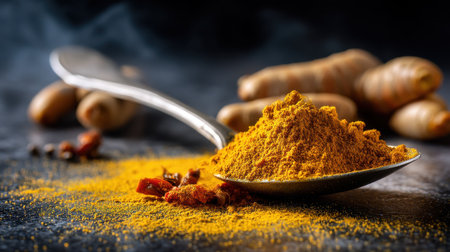 Explore the vivid hues and textures of turmeric powder in a spoon, set against a dark background, showcasing dried spices and emphasizing culinary artistry.の素材
