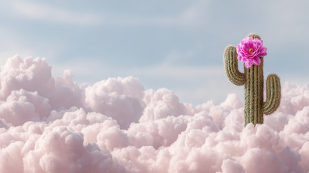 A captivating cactus adorned with a stunning pink flower rises above soft pink clouds, creating a surreal and dreamy scene against the bright blue sky.の素材