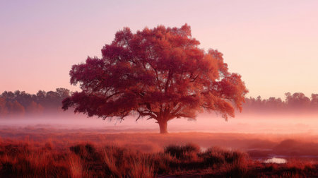 A stunning solitary tree stands proud in an autumn landscape, surrounded by soft mist and warm twilight colors, showcasing nature's beauty.の素材