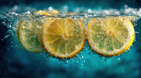 This captivating image showcases fresh lemon slices submerged in sparkling water, creating bubbles against a vibrant blue background. Perfect for refreshing drink ideas.の素材