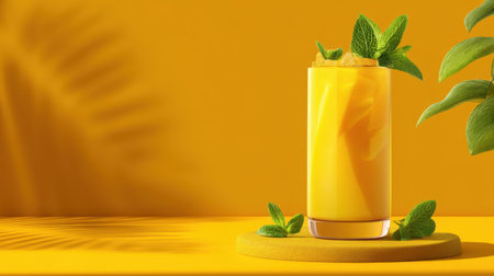 A bright and refreshing mango drink garnished with mint leaves, set against a vibrant yellow background, perfect for summer vibes and eye-catching visuals.の素材