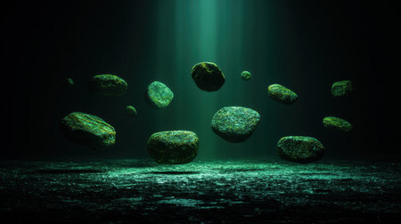 An artistic representation of levitating stones illuminated by light beams in a dark setting, evoking a sense of mystique and tranquility, perfect for creative projects.の素材