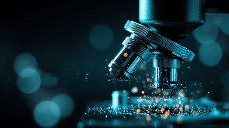 A captivating close-up of a modern microscope, showcasing detailed optics and shimmering particles, set against a dark, blurred background, perfect for science and technology themes.の素材