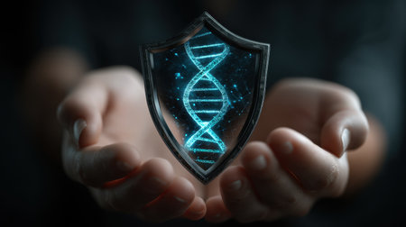 A pair of hands holds a digital shield featuring a glowing DNA helix, representing the importance of protecting genetic information in modern science.の素材