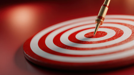 A striking image of a golden pen poised over the center of a red and white bullseye, symbolizing the pursuit of goals and precise achievement.の素材