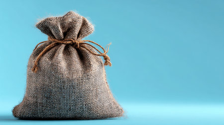 A rustic jute sack tied with twine, perfect for creative packaging or decorative elements in various design projects. The soft blue background enhances its natural charm.の素材