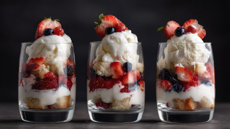 Delight in a colorful berry parfait featuring layers of fresh strawberries, blueberries, and creamy ice cream served in elegant glass dishes.の素材