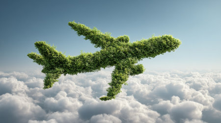 This imaginative image portrays an airplane crafted from lush foliage soaring above fluffy clouds, evoking themes of eco-friendly travel and sustainability.の素材