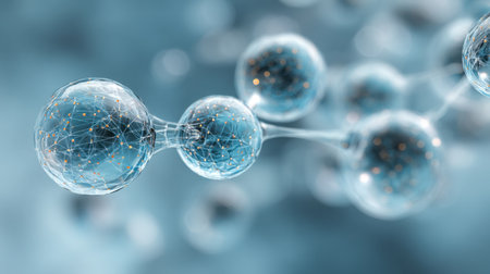 Explore the intricate beauty of molecular structures depicted against a soothing blue backdrop. This image captures the essence of scientific innovation and discovery, blending technology with artistic visualization to showcase the dynamic interaction of atoms. Perfect for educational materials or scientific presentations.の素材