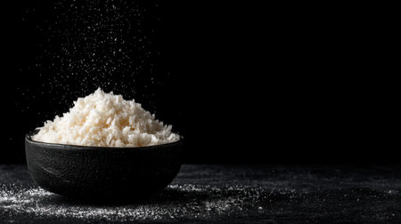 A stunning image of fine white sea salt spilling from a bowl against a sleek black background, perfect for culinary arts and cooking projects.の素材