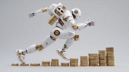 A sleek humanoid robot dashes forward dramatically over stacks of coins, embodying themes of innovation and financial aspiration in a minimalist design.の素材