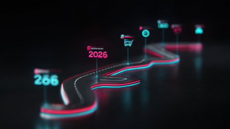 This stunning visualization showcases a futuristic roadmap featuring illuminated neon lights and milestone markers, symbolizing strategic planning for future projects, particularly aimed for the year 2026.の素材