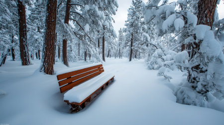 A tranquil winter scene featuring a snow-covered bench nestled in a serene forest. Tall trees surround with thick snow, creating a peaceful atmosphere. Ideal for winter-themed imagery.の素材
