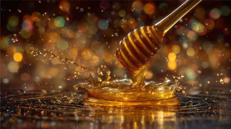 A stunning close-up of golden honey dripping from a wooden spoon, creating a splash in water, with a sparkling background for a captivating effect.の素材