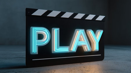 This striking image features a vibrant neon "PLAY" graphic displayed on a movie clapperboard, ideal for creative media projects and entertainment themes.の素材