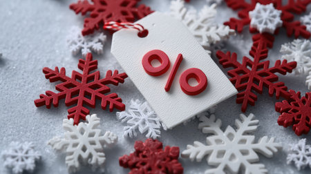 A vibrant winter sale discount tag featuring a percentage symbol surrounded by charming red and white snowflakes, perfect for seasonal promotions.の素材