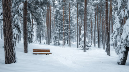 Discover a peaceful winter landscape featuring tall trees dressed in white snow and a rustic bench inviting reflection along a serene pathway.の素材