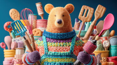 A charming bear character adorned in a colorful sweater holds various kitchen utensils. The backdrop features an assortment of vibrant baking tools, creating a delightful and whimsical atmosphere.の素材