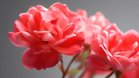 This stunning image captures fresh coral roses with soft petals, showcasing their beauty against a subtle gray background, perfect for evoking floral charm.の素材