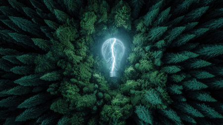A striking image depicting a lightning bolt illuminating a lush forest, creating a surreal perspective on nature and energy. Perfect for concepts of creativity and inspiration.の素材