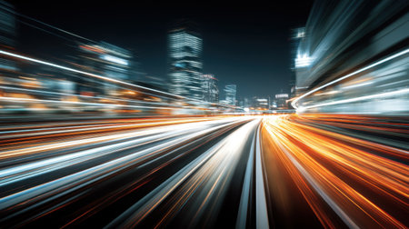A breathtaking night scene captures the dynamic movement of traffic through a vibrant cityscape, showcasing blurred lights and modern architecture.の素材