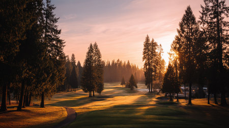 A peaceful sunrise illuminates a golf course, framed by towering evergreen trees. Soft mist blankets the ground, creating a tranquil atmosphere perfect for relaxation.の素材