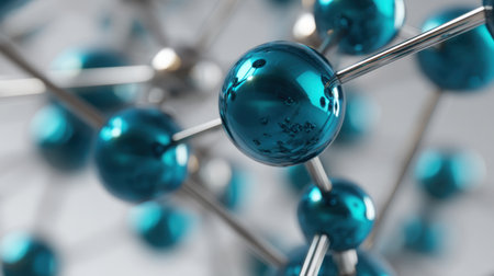 This stunning close-up image showcases a 3D molecular structure with vibrant blue spheres and sleek metallic connections, perfect for science-related projects.の素材