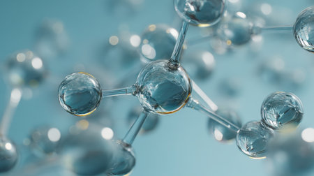 This image depicts a close-up view of transparent molecules floating against a blue background, ideal for various scientific and educational themes.の素材
