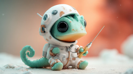 This charming illustration features an adorable chameleon in a space suit, complete with a helmet and syringe, set against a vibrant nebula background.の素材