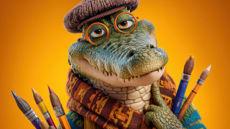 This vibrant illustration features a creative alligator character wearing glasses and surrounded by art supplies, set against a bright orange background.の素材