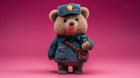 This delightful image features a plush bear as a police officer, dressed in a cozy knitted sweater and a uniform cap, radiating warmth and friendship.の素材
