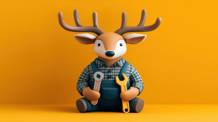 Charming cartoon deer character holds tools in a vibrant orange setting, ideal for children themes, handyman illustrations, and creative projects.の素材