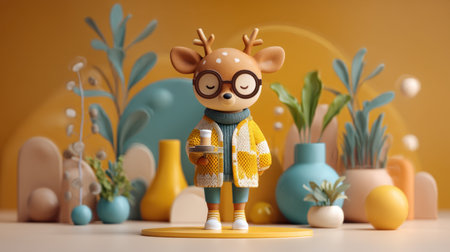 This adorable cartoon deer character, dressed in a cozy sweater, stands amidst colorful abstract plants and objects in a lively, vibrant setting.の素材