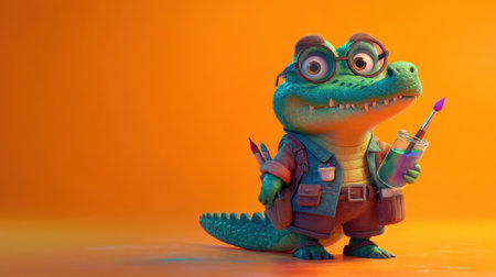 A vibrant and playful alligator character wearing glasses and holding a paintbrush and a cup of paint, standing against a bright orange background.の素材