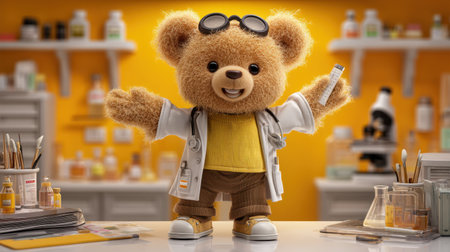 This charming teddy bear character dressed as a scientist combines playfulness and education, set against a lively laboratory backdrop.の素材