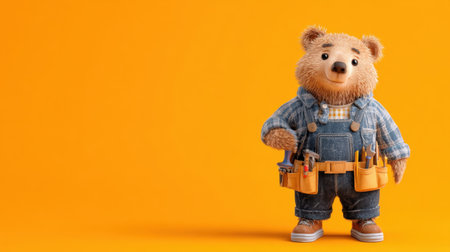 This adorable bear character with a tool belt stands against a vivid orange backdrop, making it a perfect illustration for themes of creativity and craftsmanship for children.の素材
