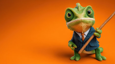 A delightful anthropomorphic chameleon dressed in a suit presents a warm and inviting character, perfect for educational themes or creative projects.の素材