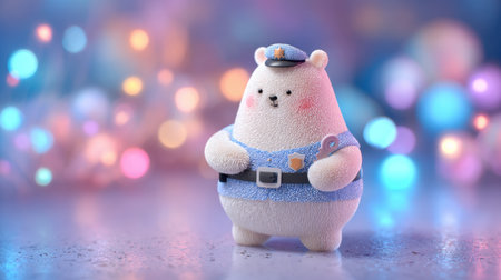 This charming cartoon bear police officer figure features a soft texture and a playful expression, set against a bright bokeh background, ideal for creative projects.の素材