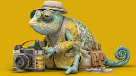 A charming chameleon dressed as a photographer captures the essence of whimsy with a vintage camera against a vivid yellow backdrop.の素材