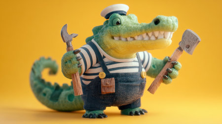 This vibrant cartoon alligator character in a sailor outfit joyfully holds tools against a bright yellow background, perfect for playful designs.の素材