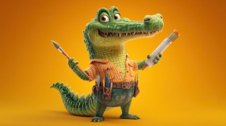 A cheerful cartoon alligator character is joyfully holding a paintbrush and a roll of paper against a bright orange background, symbolizing creativity and fun.の素材