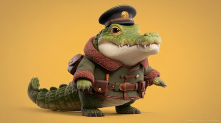 A playful cartoon crocodile dressed in a military uniform showcases a bold character against a bright yellow backdrop. Ideal for creative projects.の素材