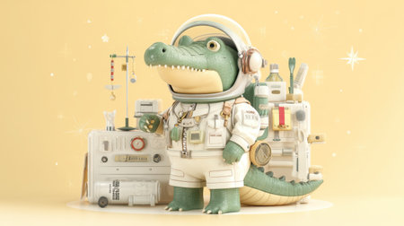 This imaginative illustration features a cheerful alligator dressed as an astronaut surrounded by various science equipment, perfect for creative projects.の素材