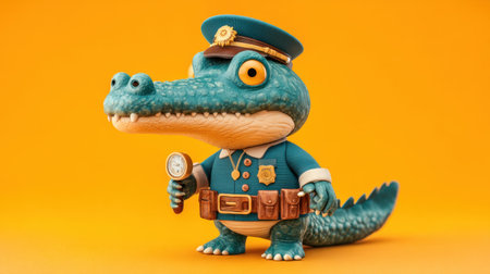 A delightful cartoon alligator dressed as a police officer, complete with a magnifying glass, set against a bright orange background. Perfect for children's themes!の素材