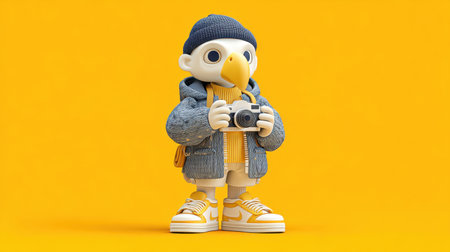 A whimsical cartoon bird character dressed in a stylish outfit and holding a camera, surrounded by a vibrant yellow background, perfect for creative projects.の素材